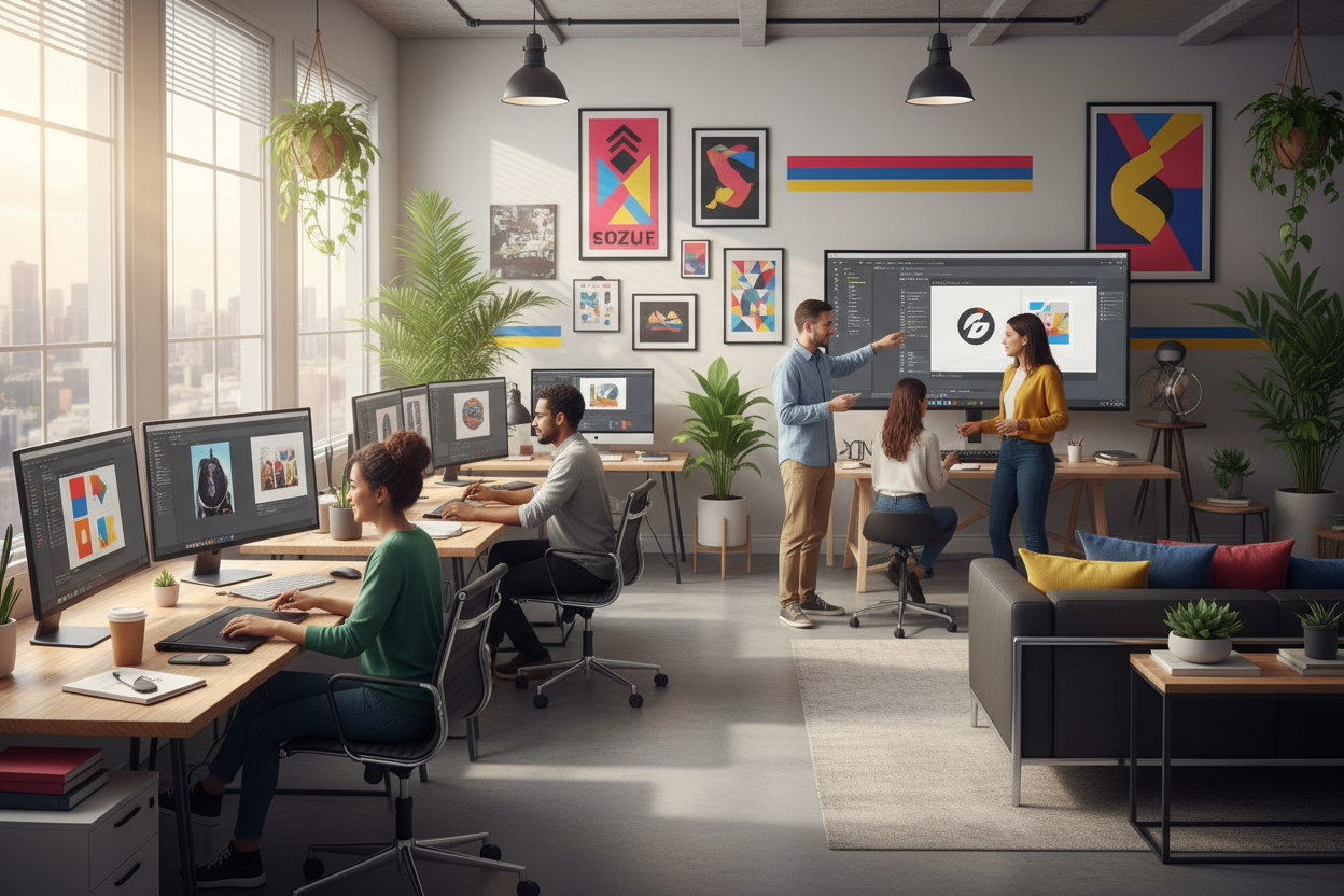 crea una imagen donde se vean varios diseñadores gráficos venezolanos trabajando